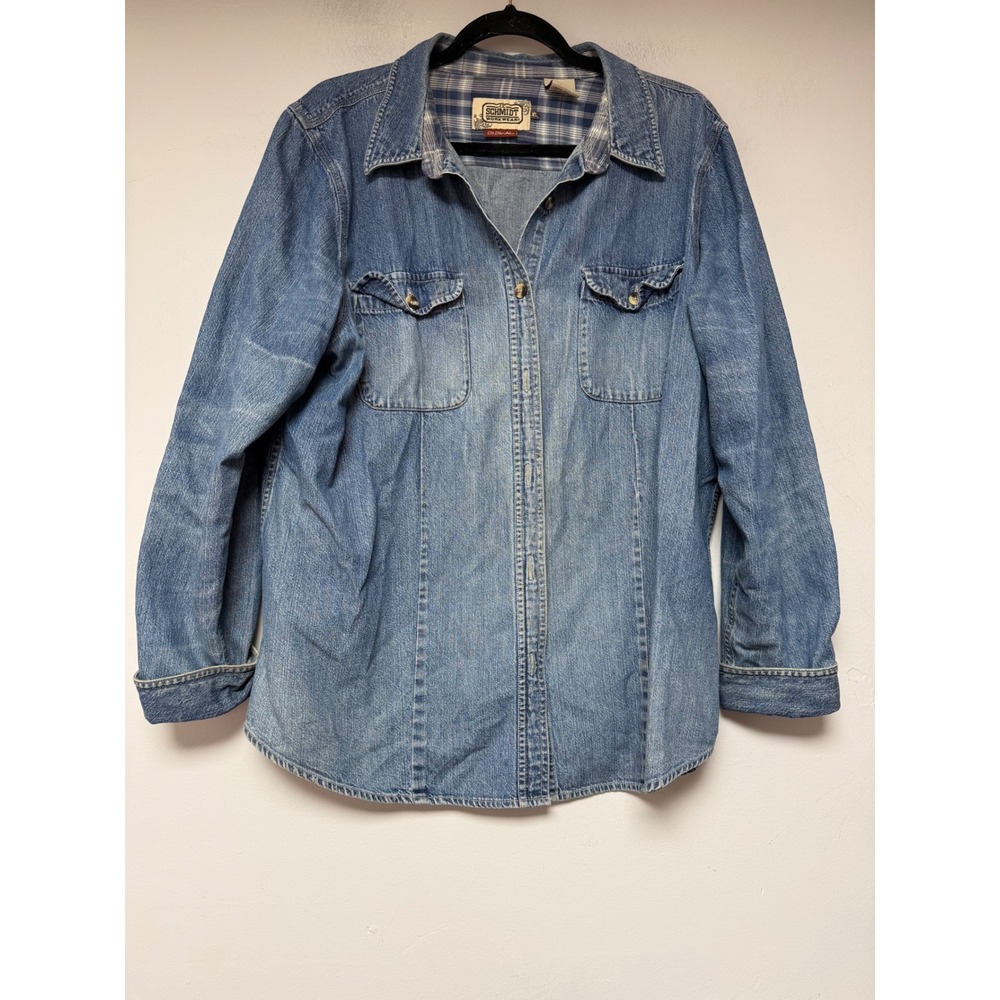 G E Schmidt Workwear Womens‎ Denim Shirt Blue Plaid Long Sleeve Button Up Top